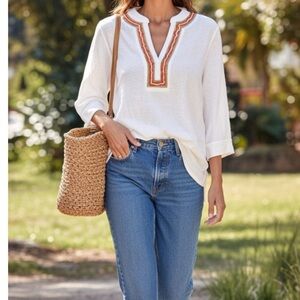 Chico’s Linen Embellished Embroidered Tunic sz Large